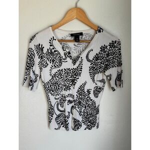 White House Black Market XS Black White Floral Rhinestone Short Sleeve Cardigan